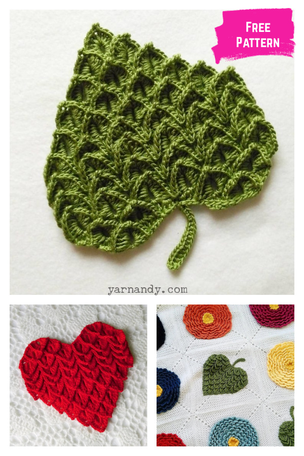 Crocodile Stitch Heart or Leaf Free Crochet Pattern 