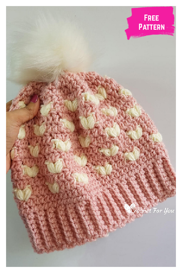 Puff Hearts Beanie Free Crochet Pattern