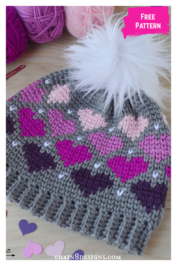 Twitterpated Heart Beanie Free Crochet Pattern 