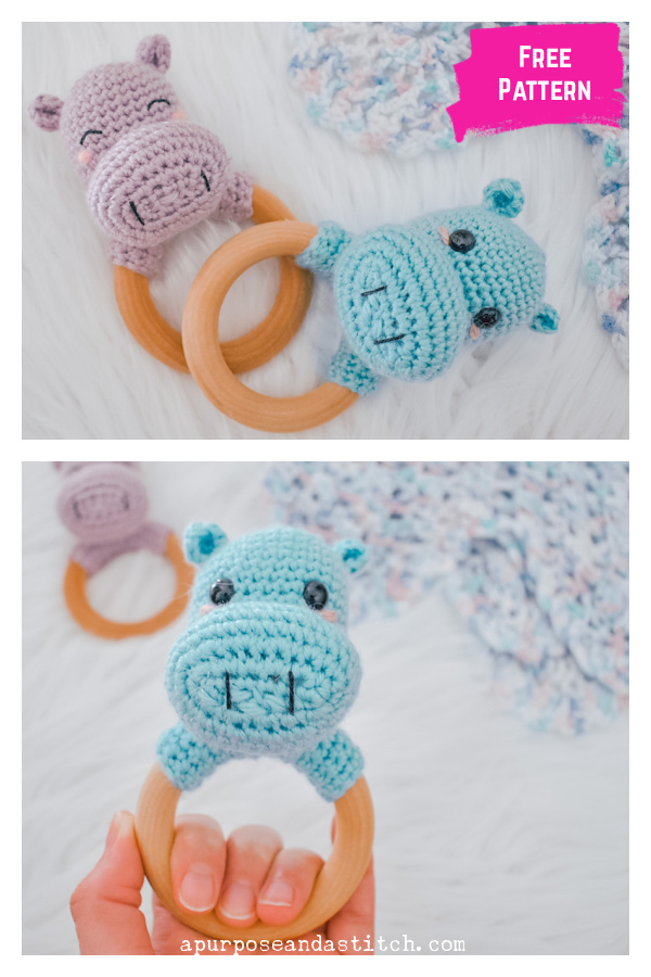 Hippo Rattle Teething Ring Free Crochet Pattern