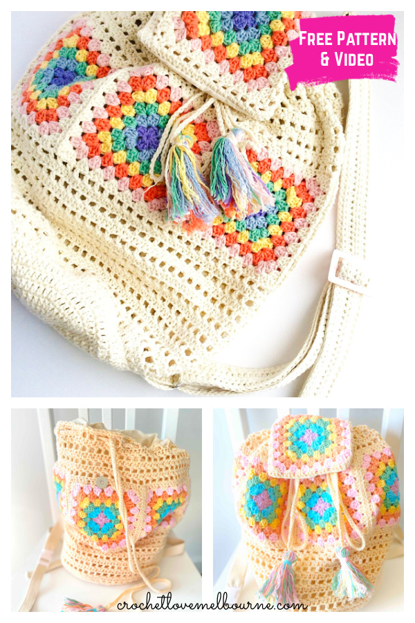 Granny Square Rainbow Backpack Free Crochet Pattern and Video Tutorial
