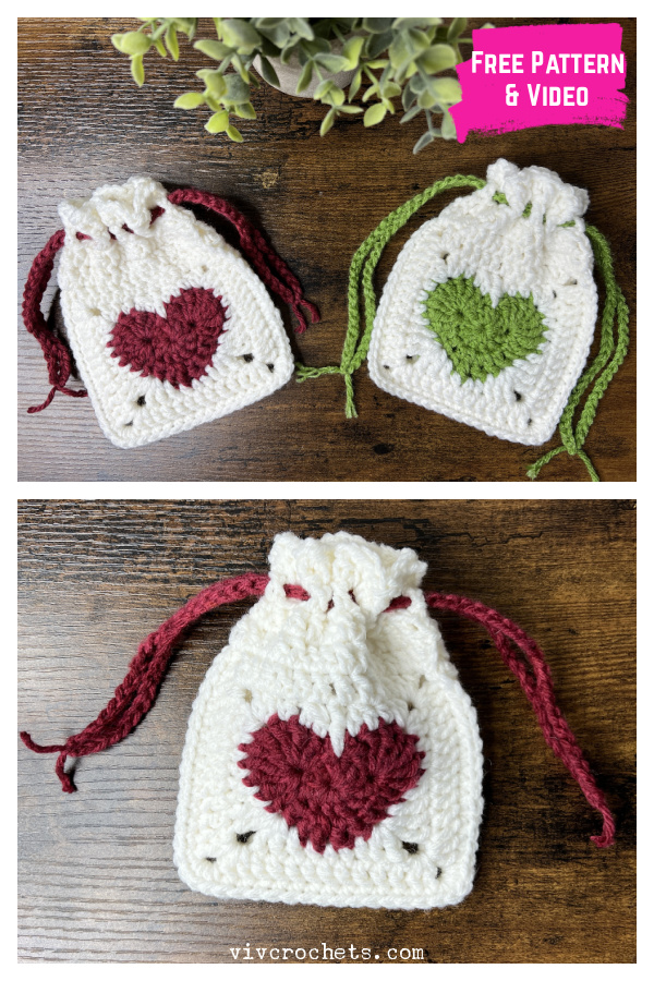 Heart Drawstring Pouch Free Crochet Pattern and Video Tutorial